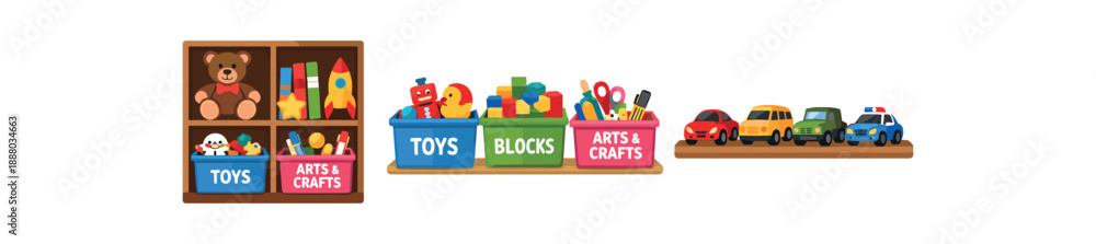 Obraz premium full color flat kids room shelf cubbies labeled bins toy row aligned