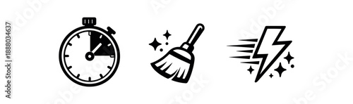 black and white outline timer with segment marked small broom lightning bolt quick clean