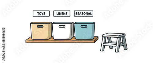 full color flat fabric bins lined on shelf label tags above small step stool beside