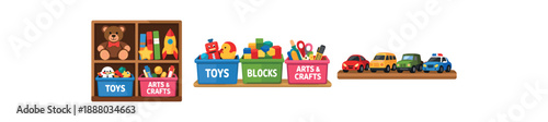 full color flat kids room shelf cubbies labeled bins toy row aligned