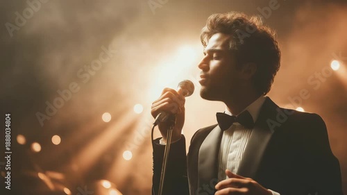 On stage, a singer showman with a microphone is performing. A self-assured man sings while a velvet suit and bow tie are framed by bright spotlights and smoke. inspiring idea for successful live enter
