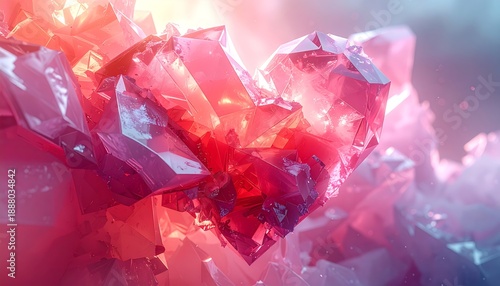 Sparkling Red and Pink Crystal Heart with Abstract Faceted Surfaces