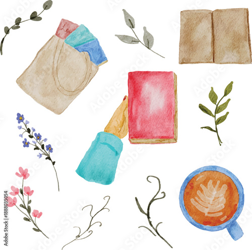Watercolor book flower bag and coffe illustration