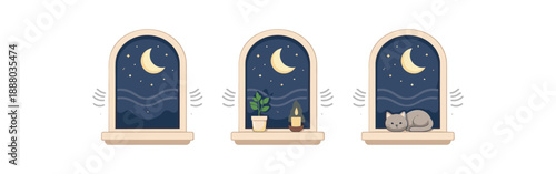 full color flat window cream frame dark blue night sky moon pale sound lines muted
