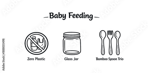 black and white outline zero plastic icon glass jar bamboo spoon trio under baby feeding title