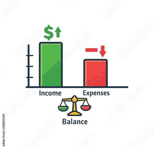 full color flat icon simple bar chart with two bars income and expenses balance view