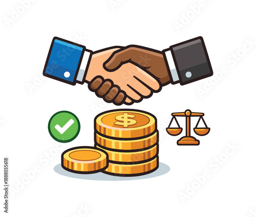 full color flat icon handshake above simple coin fair earning and honest income