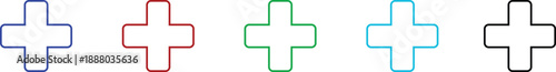 Medical plus icons set featuring healthcare cross symbols in flat and line style, isolated on transparent background, hospital emergency aid sign illustration collection and group