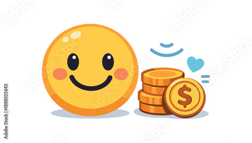 full color flat icon happy face icon beside small coin calming money mindset