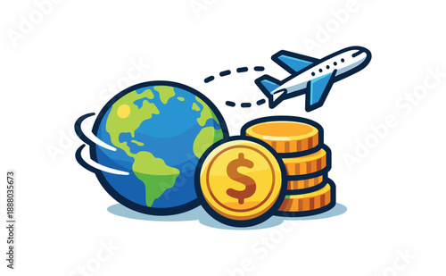 full color flat icon small globe next to coin and plane line global savings and travel dreams