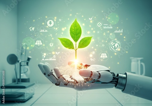 Robotic Hand Holding Glowing Green AI Plant - Future of Sustainable Technology and Artificial Intelligence Concept - Cybernetic Palm Nurturing Eco-Friendly Innovation.