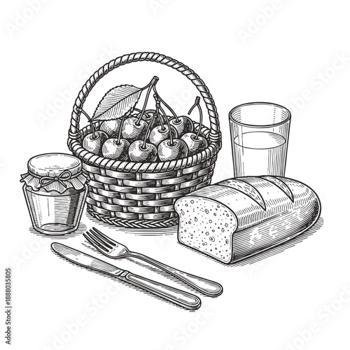 Vintage berries harvest sketch with basket, bread, milk and meal tools