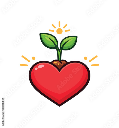 full color flat icon plant sprout growing from heart icon personal growth through feelings