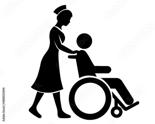 Silhouette of a nurse pushing a patient in a wheelchair, pictogram icon, vector illustration.
