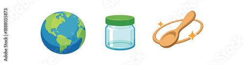 full color flat earth soft blue and green tiny jar clear with green lid spoon tan orbiting