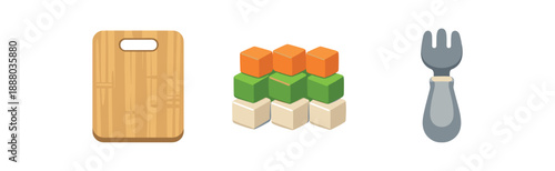 full color flat cutting board bamboo beige tidy veggie cubes orange green white baby fork soft gray