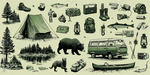 Vintage camping and fishing gear collection