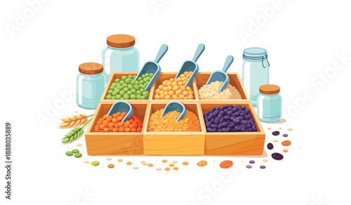 colorful flat vector zero container composition layered cutout paper shapes single : loose grains and legumes display open bins silhouettes metal scoops jars nearby but empty clean 2D crisp
