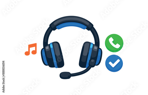 full color flat icon headphones with built microphone and tiny music note icon focus and calls setup