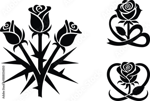 Set of black rose silhouettes for Valentine's Day featuring a thorny bouquet and romantic floral heart symbols for love themed tattoos and logos.