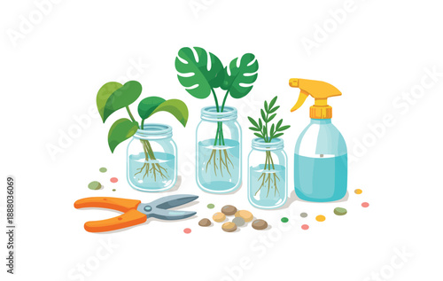 colorful flat vector houseplant propagation still life layered cutout paper shapes single : glass jars blank plant cuttings spray mister blank pruning shears pebbles dots clean 2D crisp