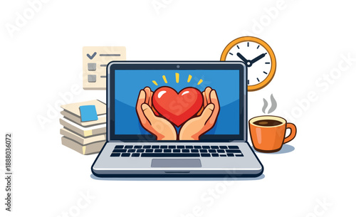 full color flat icon two hands holding heart over laptop symbol of self compassion during busy project