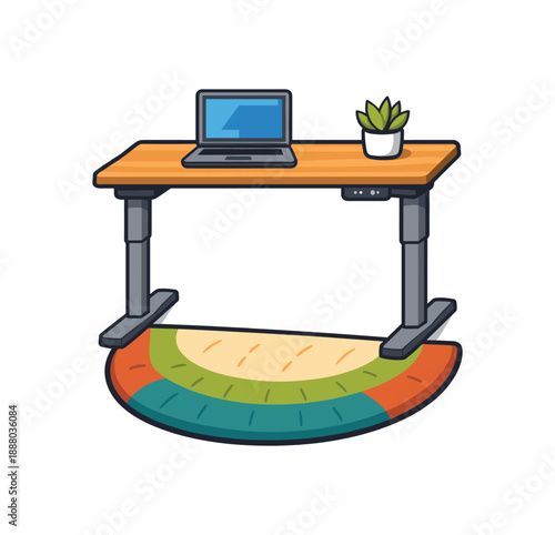 full color flat icon standing desk with laptop small plant and comfy rug for flexible working posture