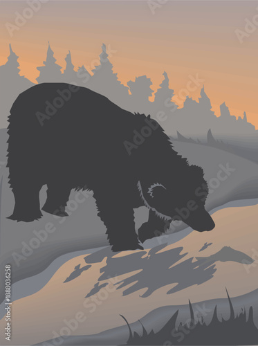 Silhouette illustration of a black bear walking along a forest path during sunset. Wildlife concept with natural landscape, wilderness, and peaceful evening atmosphere. Ideal for nature, animal, outdo
