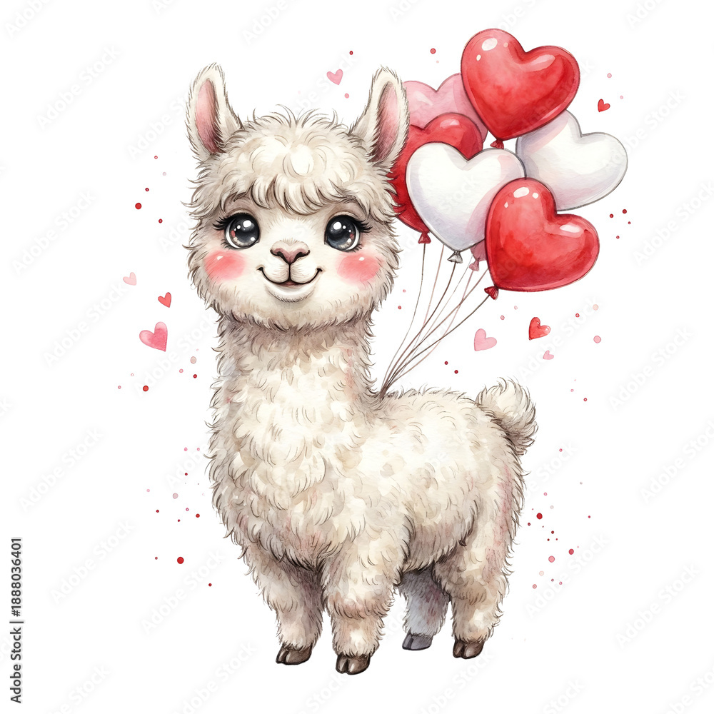 Fototapeta premium Adorable llama with heart balloons for Valentine's