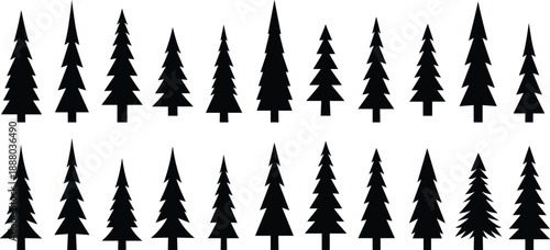 Set of evergreen pine tree silhouettes in different shapes, minimalist black forest icons collection, simple vector style, nature symbols isolated on white background