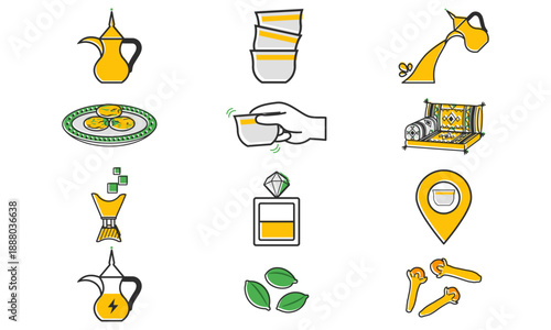 Arabic coffee gahwa majlis elements set with dallah, finjan, mabkhara, dates and sadu