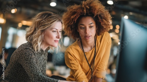 Two women looking at a computer screen