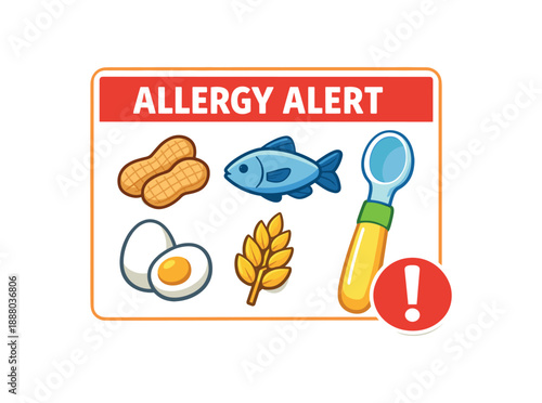 full color flat icon allergy alert icon card with peanut fish egg wheat symbols next to baby spoon