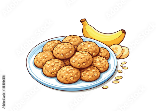 full color flat icon banana oat cookie shapes on plate safe soft snack