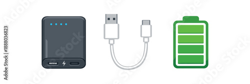 full color flat power bank dark gray cable white battery icon green