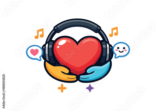 full color flat icon heart icon wrapped headphone band listening to own needs emotional hygiene