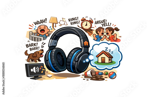full color flat icon noise canceling headphones with tiny house symbol quiet bubble busy home