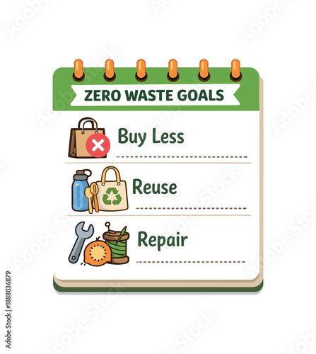 full color flat icon planner page with buy less reuse repair simple zero waste goals