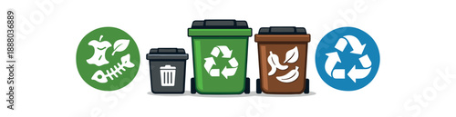 full color flat icon recycling bin trio with very small bin and big compost and reuse waste reduction