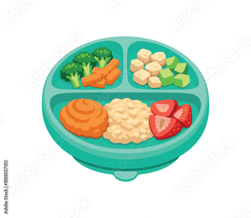 full color flat icon silicone suction plate divided into three sections with soft pastel colors first foods