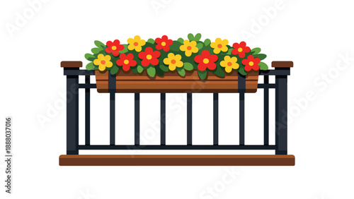 full color flat icon cozy balcony rail with flower box full of red and blooms