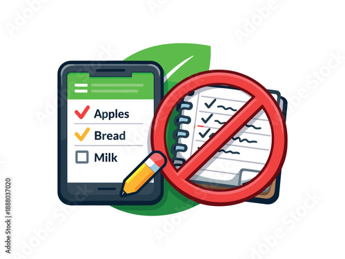 full color flat icon digital note app icon with shopping list and paper notebook crossed less paper waste