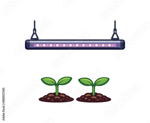 full color flat icon grow light bar hanging over two seedlings soft purple glow