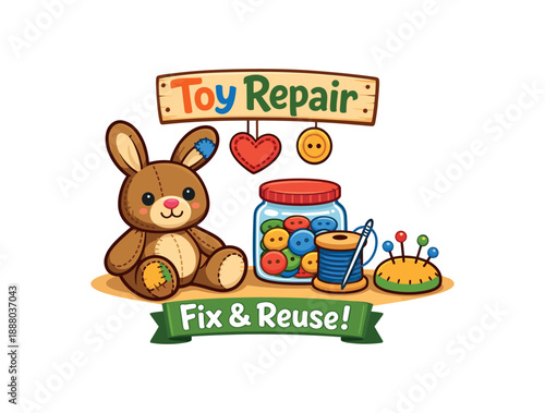 full color flat icon toy repair corner stuffed animal with small patch button jar and thread kid friendly reuse