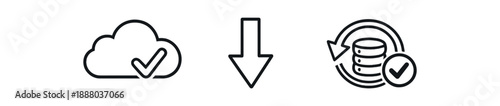 black and white outline cloud with checkmark arrow down verified backup