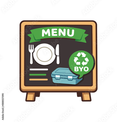 full color flat icon menu board café with plate icon and reusable container outline bring your own box