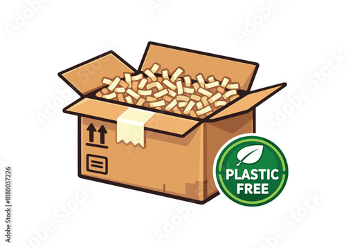 full color flat icon mailing box with paper tape and shredded paper filler plastic free shipping