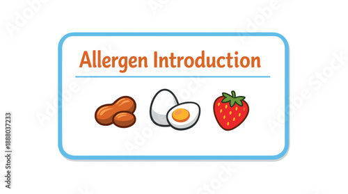 full color flat icon allergen introduction card with tiny nut egg and strawberry
