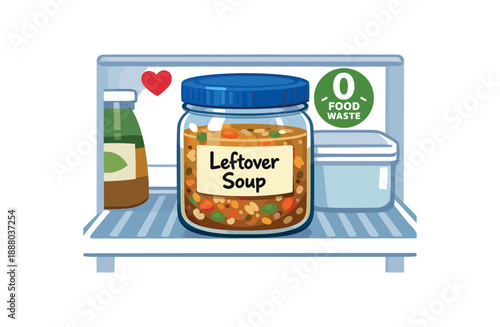 full color flat icon jar with leftover soup labeled and stored fridge tiny heart zero food waste