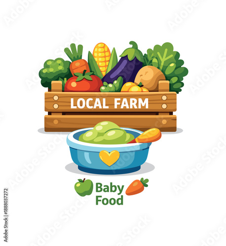 full color flat icon local farm veggie box with baby bowl symbol fresh seasonal прикорм
